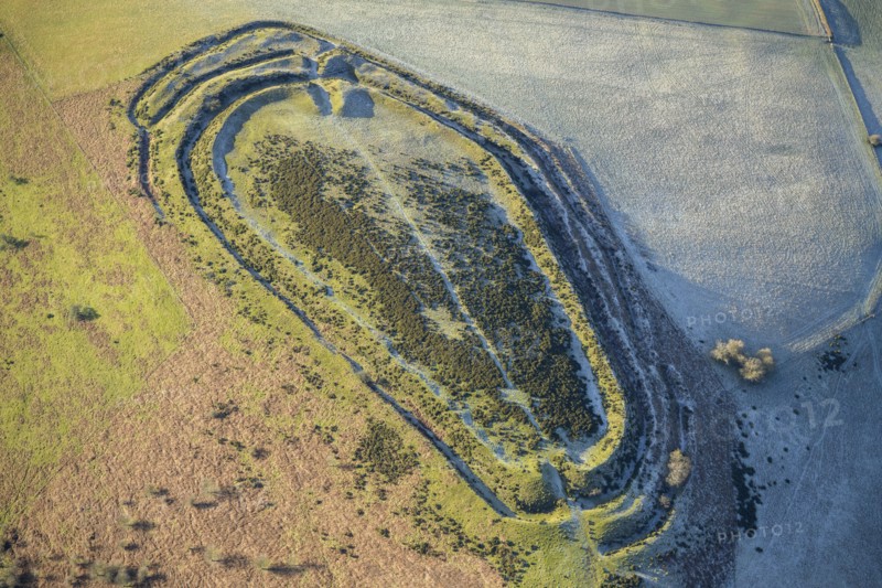 Caer Caradoc, an Iron Age multivallate hillfort earthwork, Chapel Lawn, Shropshire, 2024. Creator: Damian Grady.