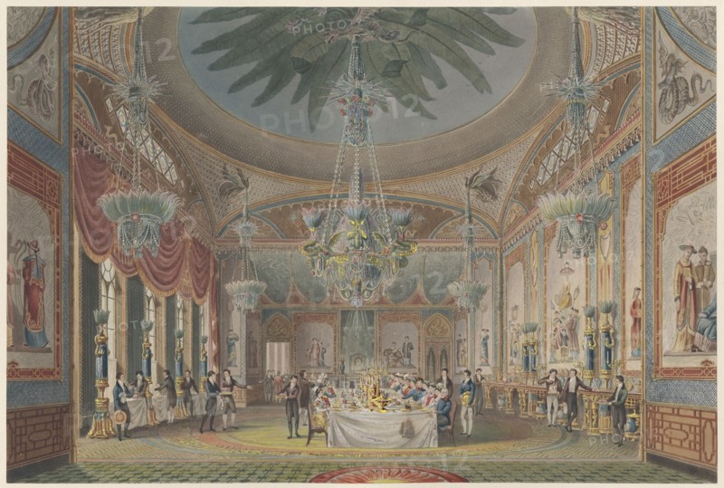 The Banquetting Room, Royal Pavilion, Brighton [as designed by John Nash], 1 December 1824. Creators: John Le Keux, John Samuel Agar.