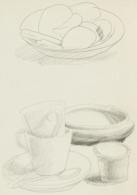 Still life study of a bowl of fruit and crockery, c1900-1940. Creator: Francis Ernest Jackson.