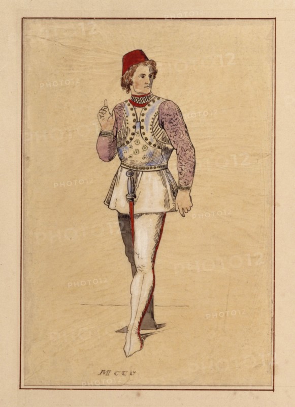 Tracing of a man in medieval Italian military dress, pre-1849.  Creator: John Everett Millais.