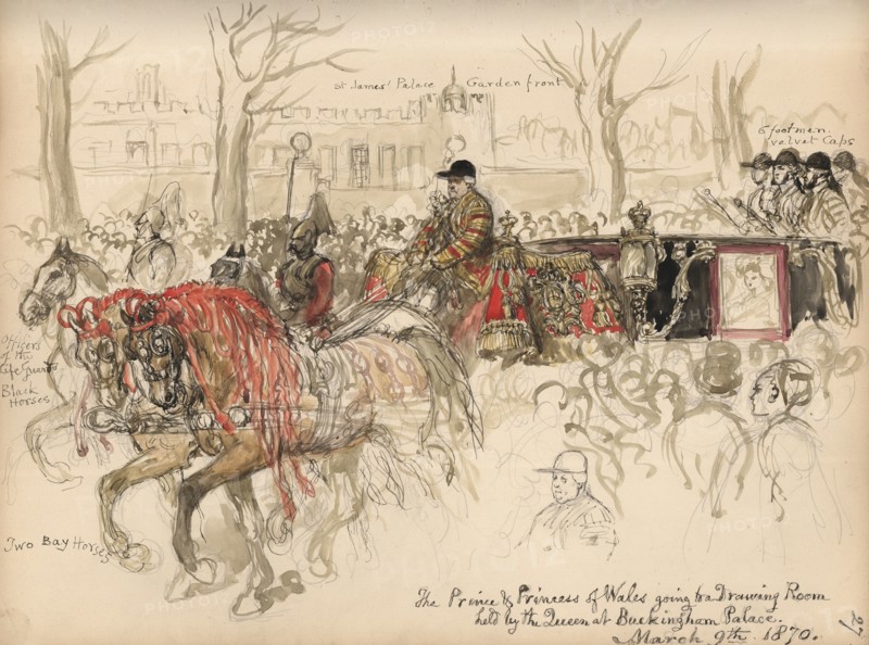 Leaf from a sketchbook with a drawing of the Prince and Princess of Wales going to a..., 1870. Creator: Sir John Gilbert.