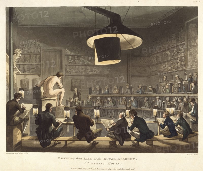 Drawing from Life at the Royal Academy, Somerset House, 1 January, 1808. Creators: Thomas Rowlandson, Augustus Charles Pugin.