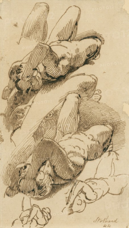 Sketches of a reclining male nude, (c1800?). Creator: Thomas Stothard.