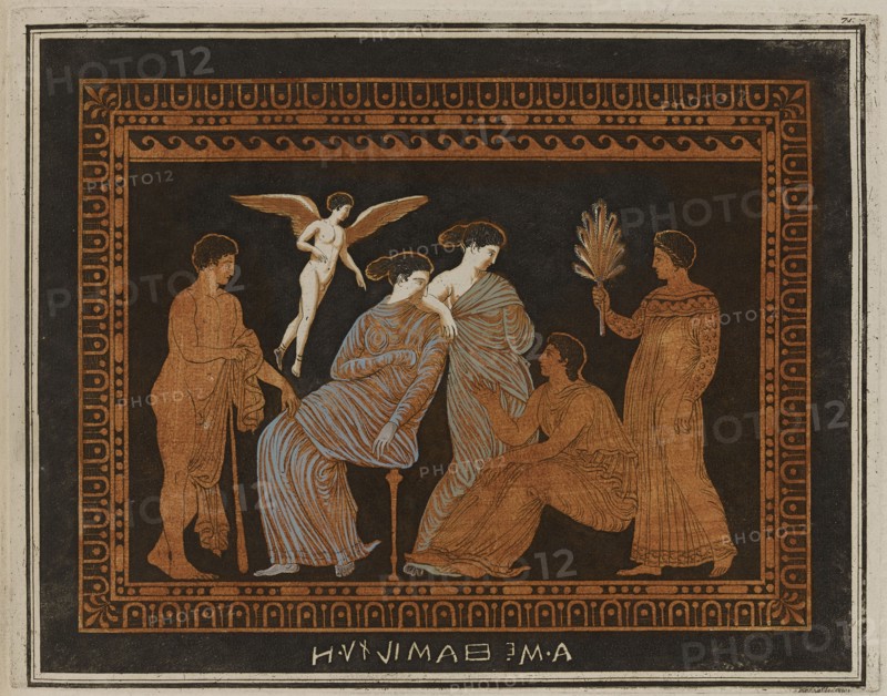 Colour plate of woman, Eros and youth, from an attic pelike, 1766 [-1767].  Creator: Unknown.