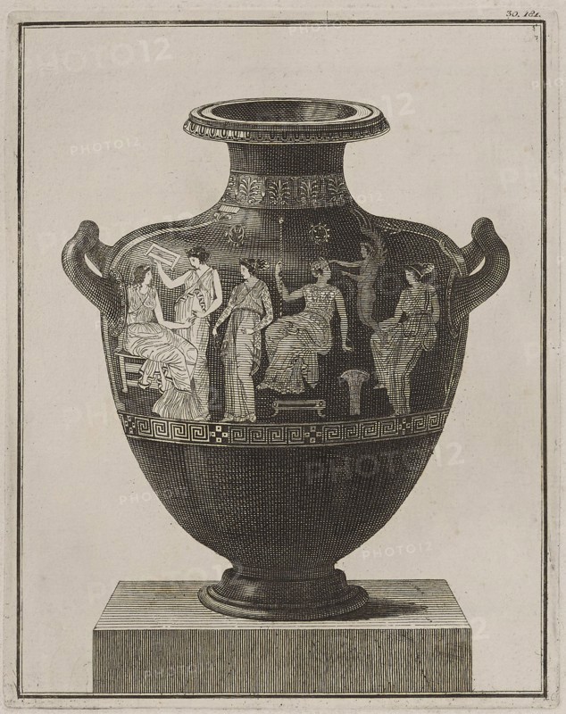 Attic hydria showing Apollo, Eros and the Muses at their toilet, 1766 [-1767].  Creator: Unknown.