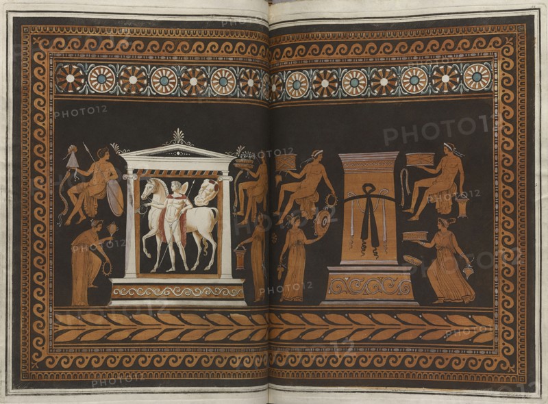 The Hamilton Vase: Colour plate of youth in a temple, stele and eight youths, 1766 [-1767].  Creator: Unknown.