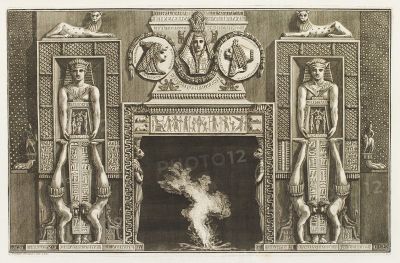 Design for a chimneypiece with Egyptian figures, acrobats, hieroglyphs and medals over the..., 1769. Creator: Giovanni Battista Piranesi.