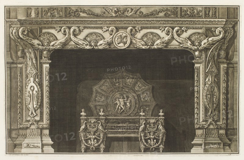 Design for a chimneypiece with foliate ornamentation and medallions, 1769.  Creator: Giovanni Battista Piranesi.