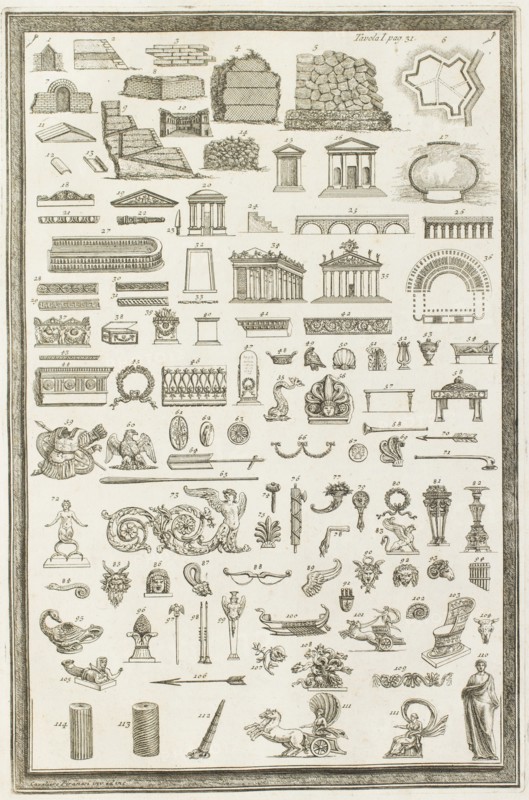 Various Etruscan architectural sculptural designs and carvings, 1769.  Creator: Giovanni Battista Piranesi.