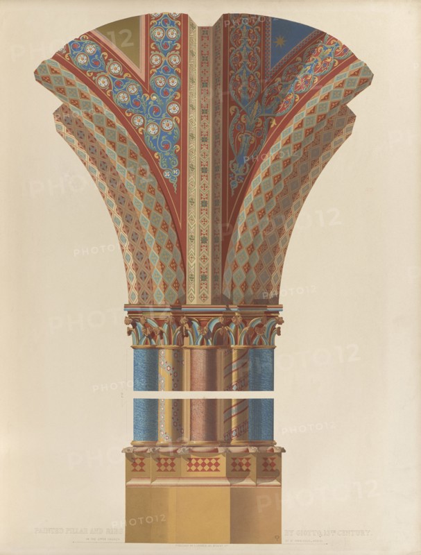 Painted pillar and ribs by Giotto in the upper church of St Francesco at Assisi, 1850.  Creator: Ludwig Gruner.