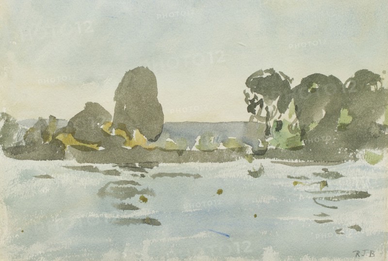 Landscape sketch with a body of water, trees and a low hill in the distance, mid 20th century. Creator: Rodney Burn.