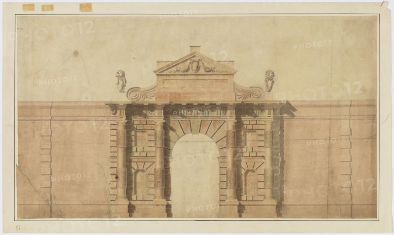 Survey drawing of great gate, Burlington House, Piccadilly, Westminster, London: elevation..., c1812 Creator: Samuel Ware.