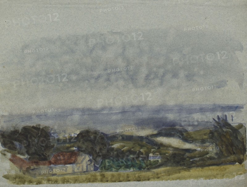 Landscape study; valley with farm, c1875-1944 Creator: George Clausen.