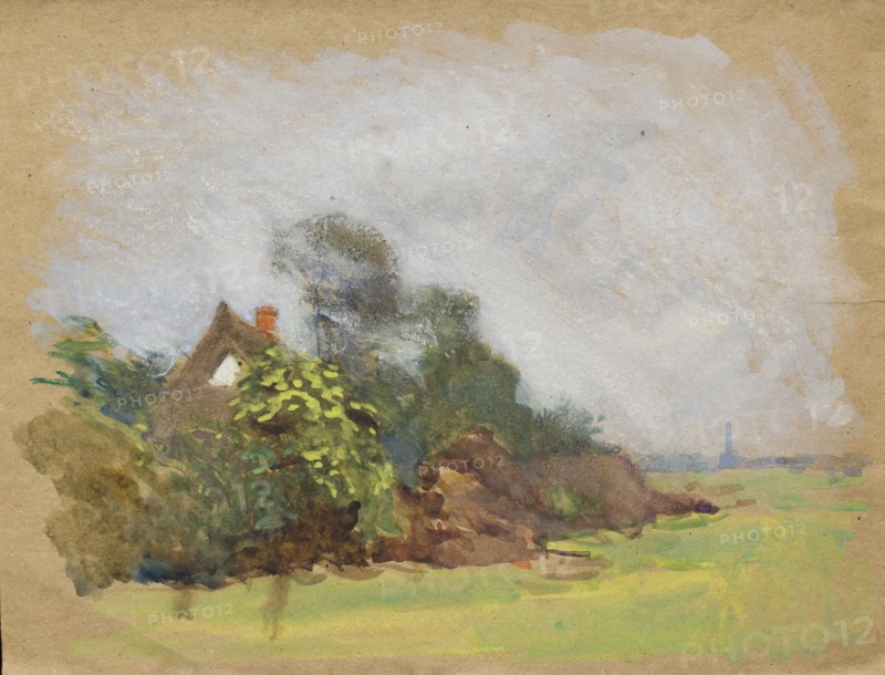 Landscape with thatched cottage, c1875-1944. Creator: George Clausen.
