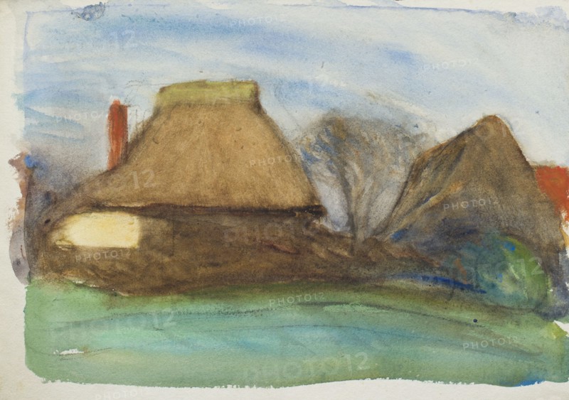 Study of thatched cottages in a landscape, c1875-1944. Creator: George Clausen.