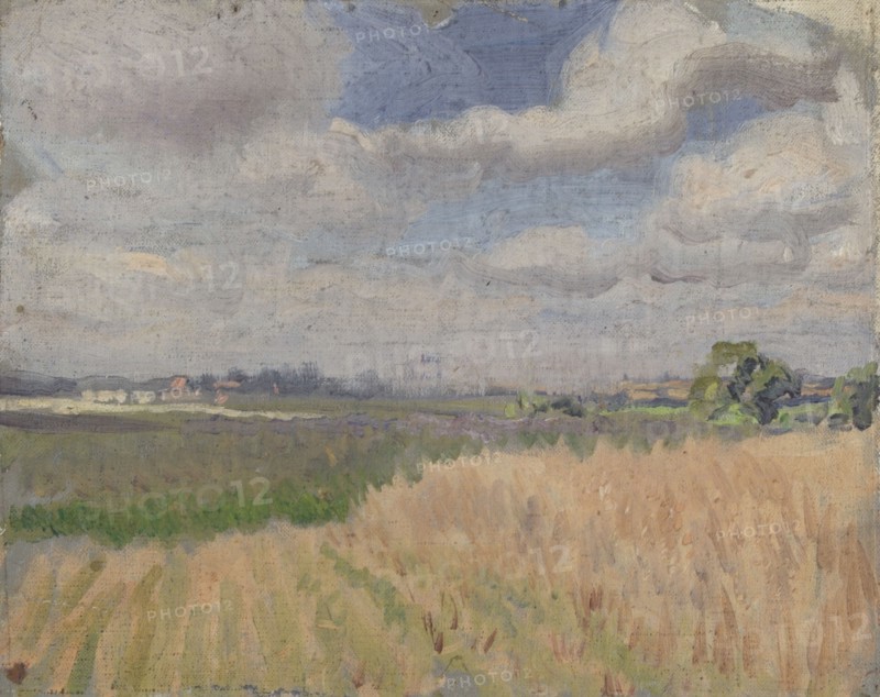 Study of a cornfield in Summer with a view of distant buildings, (late 1870s/1880s?). Creator: George Clausen.