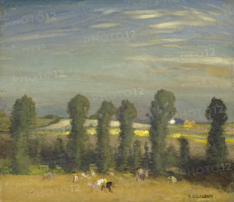 Landscape with hayfield and poplars, probably 1920s. Creator: George Clausen.
