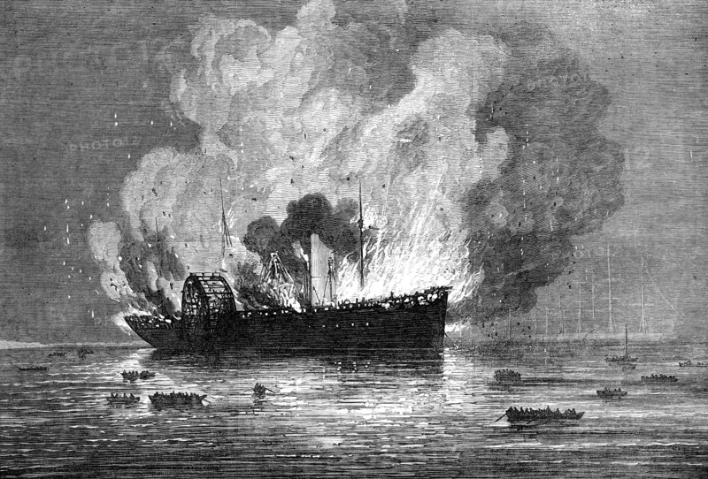 Burning of the Pacific Mail Company's ship America, at Yokohama, 1872. Creator: Unknown.