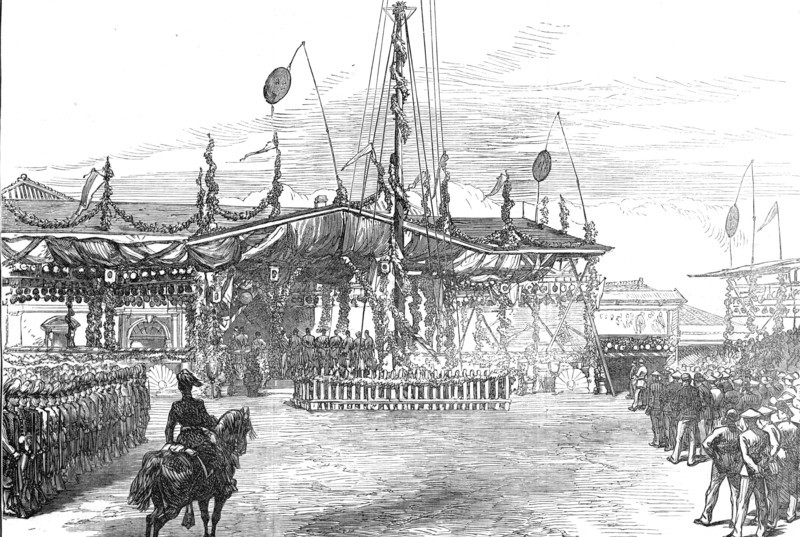 Foreign residents presenting an address to the Mikado at Yokohama, 1872. Creator: Unknown.