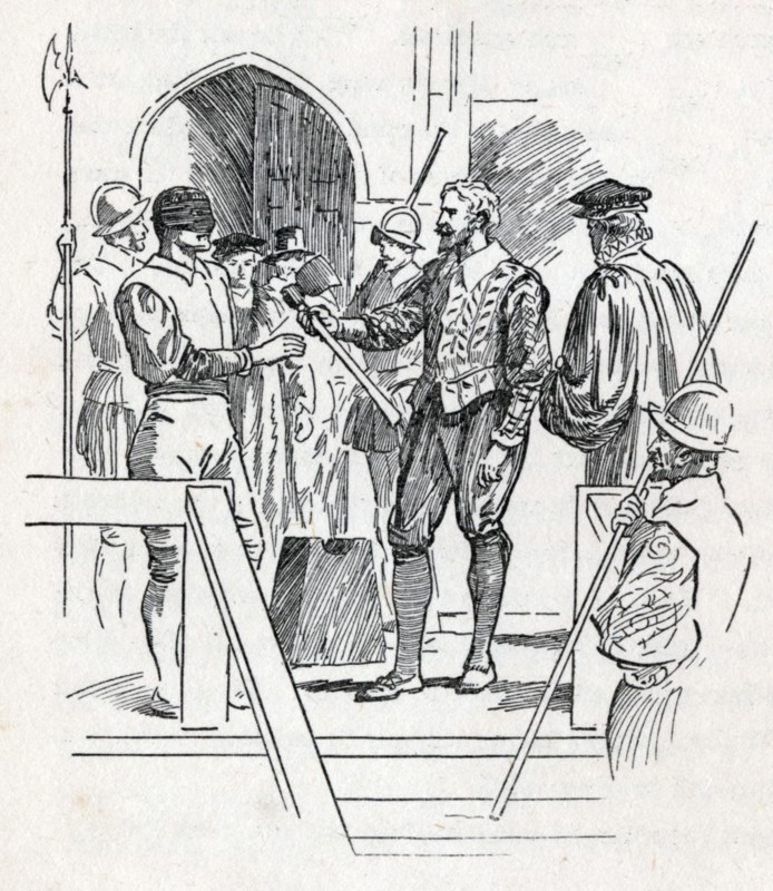 Sir Walter Raleigh holds his executioner's axe, c1900.  Creator: Howard Davie.