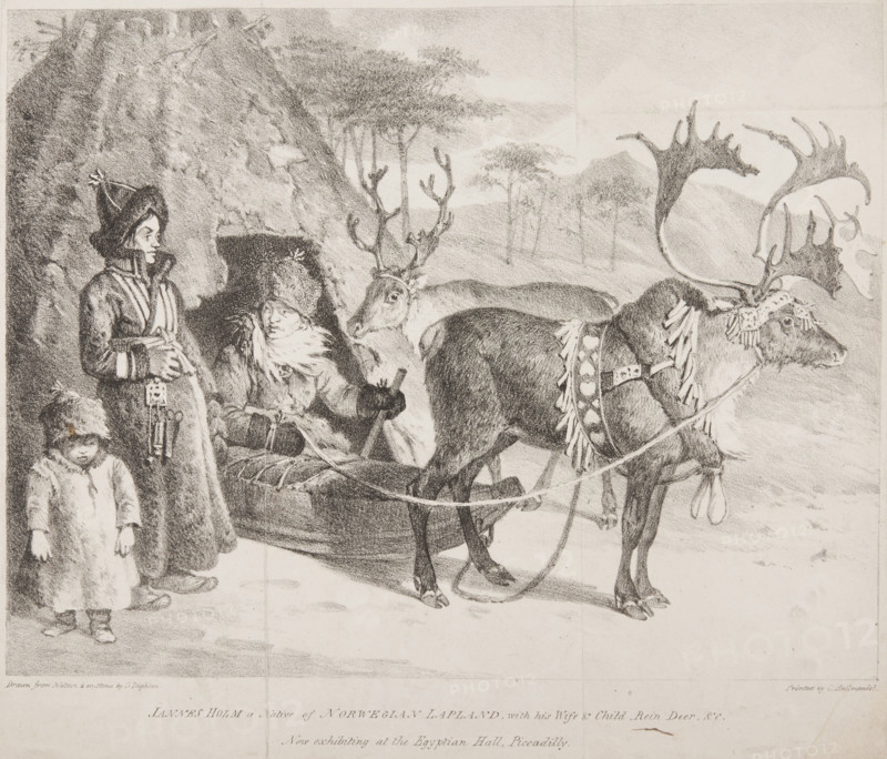 'Jannes Holm a Native of Norwegian Lapland, with his Wife & Child, Rein Deer &c', 1822.  Creator: Denis Dighton.