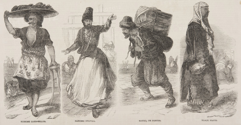 Turkish Cake-Seller; Dancing Dervish; Hamal, or Porter; Black Slave, 19th century. Creator: Unknown.
