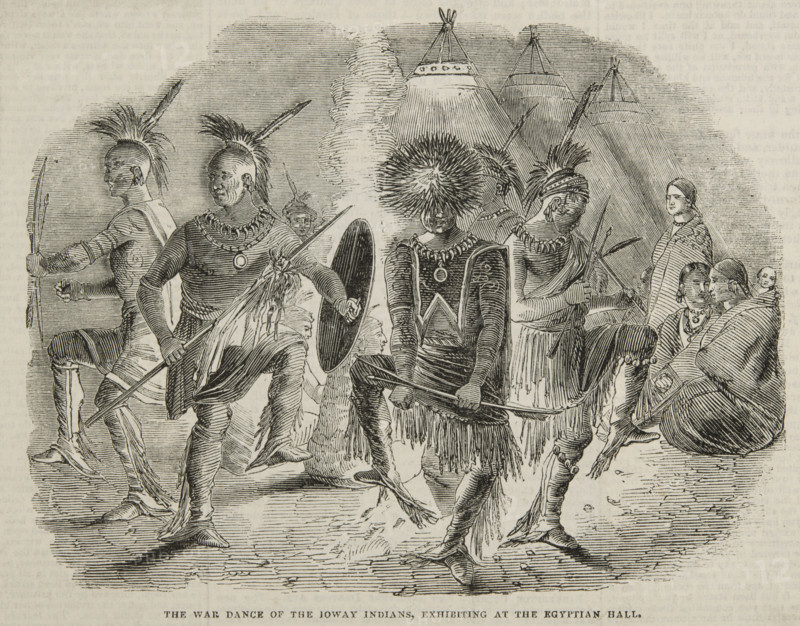 The War Dance of the Ioway Indians, exhibiting at the Egyptian Hall, 1844. Creator: Unknown.