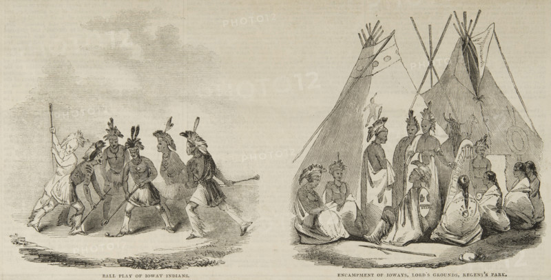 'Ball Play of the Ioway Indians' and 'Encampment of Ioways, Lord's Grounds, Regent's Park', c1844.  Creator: Unknown.