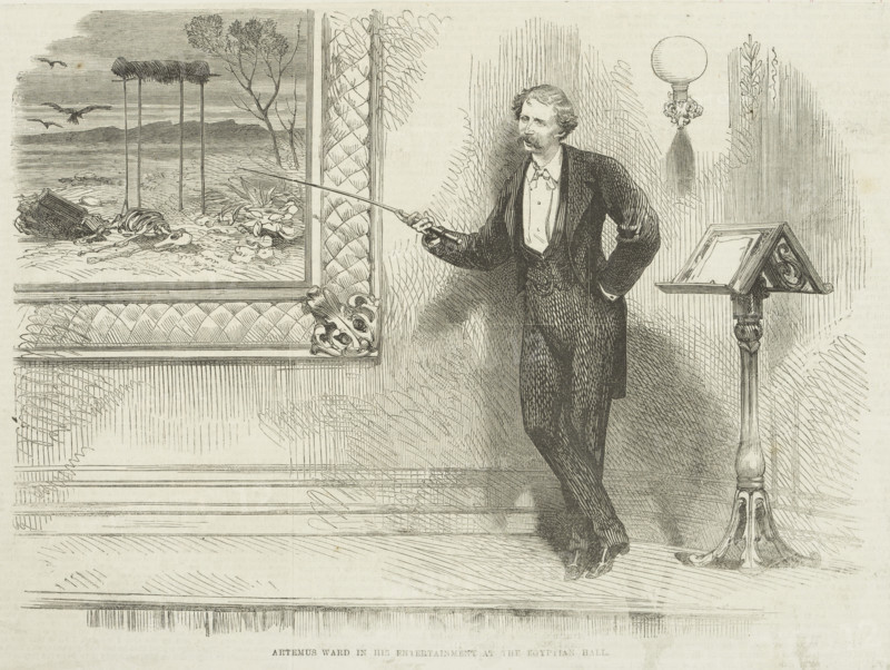 Artemus Ward in his entertainment at the Egyptian Hall, 1866. Creator: Unknown.