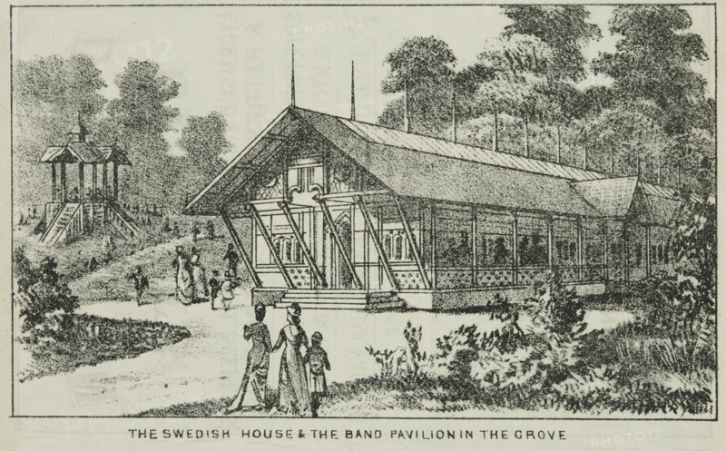 The Swedish House and the Band Pavilion in the Grove at Alexandra Palace , 19th century. Creator: Unknown.