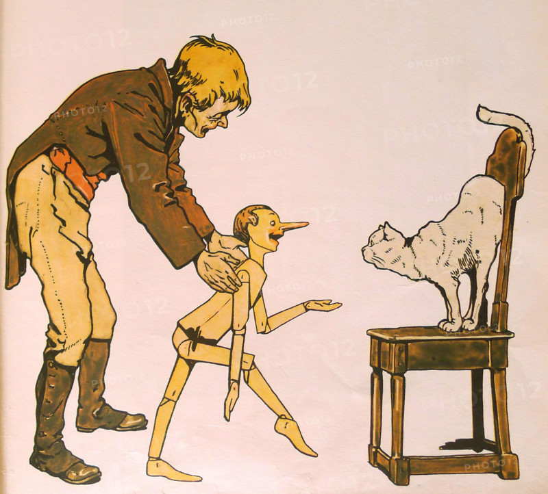 Geppetto, Pinocchio and cat, 1911. Creator: Attilio Mussino.