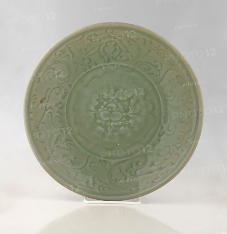 Plate with floral design and characters, 1368-1644. Creator: Unknown.