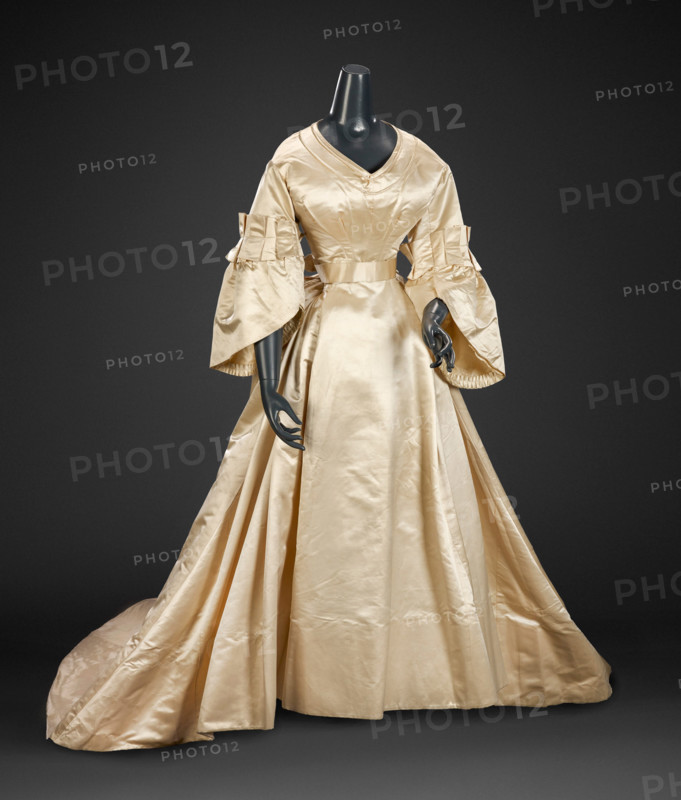 Wedding Dress (Skirt, Bodice, Peplum, Pair of Gloves), about 1870. Creator: Unknown.