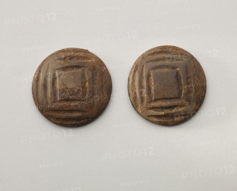 Pair of gaming disks with square design, 1200-1400. Creator: Unknown.