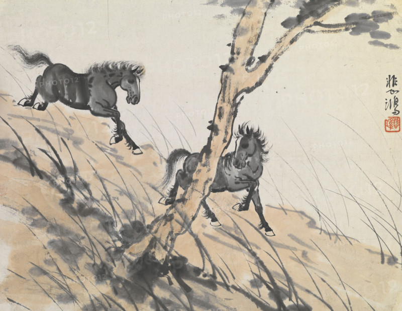 Two horses on hillside, early 1900s. Creator: Xu Beihong.