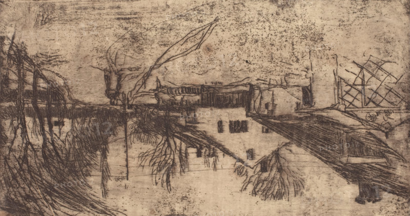 Houses, Trees, Figures, about 1883. Creator: Joseph Frank Currier.