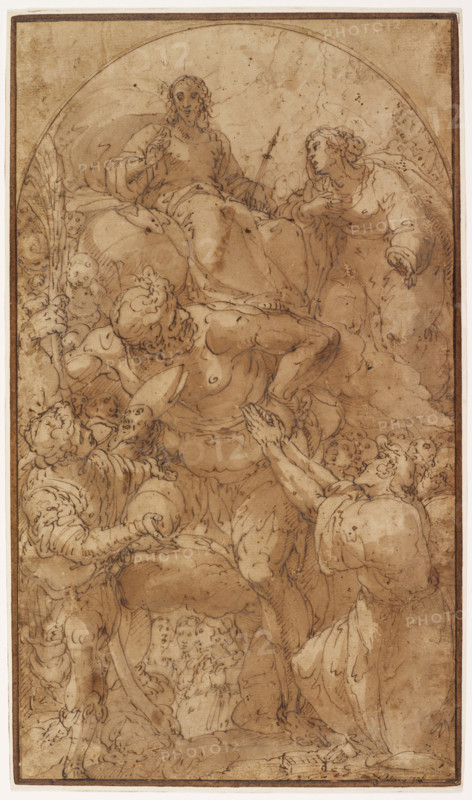 St. Christopher with Christ and the Madonna, St. George and other Saints, about 1600. Creator: Giulio Benso.