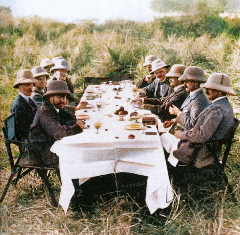 King George V (1865-1936) having lunch after tiger hunting in Nepal, 1911 (1936). Creator: Unknown.