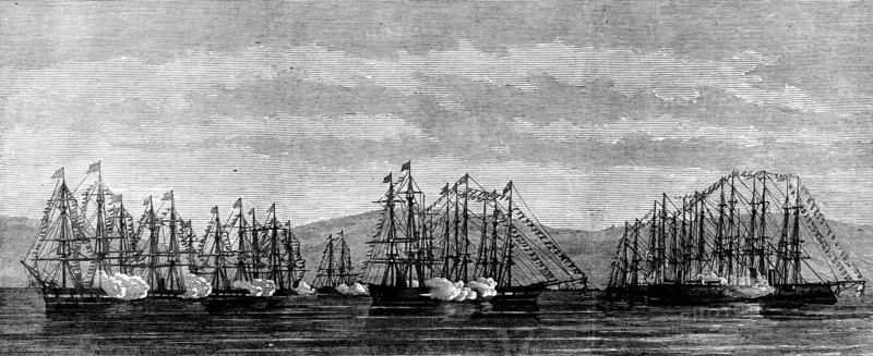 The Coronation in Norway: the British, German and Swedish Squadrons...firing a royal salute, 1873. Creator: Unknown.