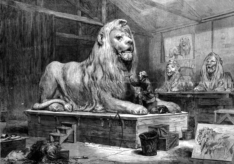 Sir Edwin Landseer modelling the lions for Trafalgar-square, 1873. Creator: Unknown.