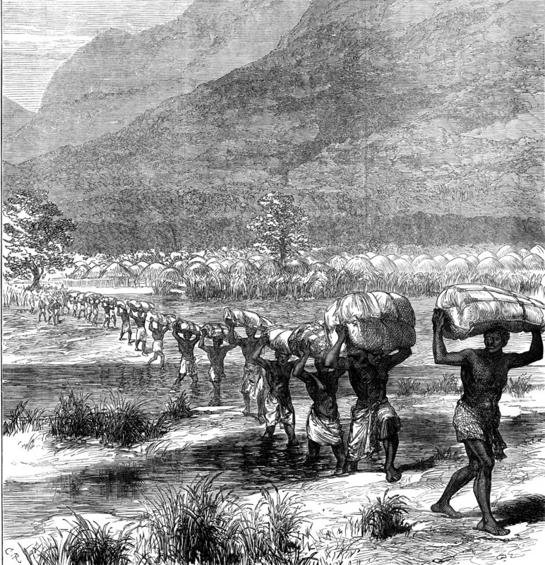 The Livingstone Aid Expedition: crossing a river in East Africa, 1873. Creator: Unknown.