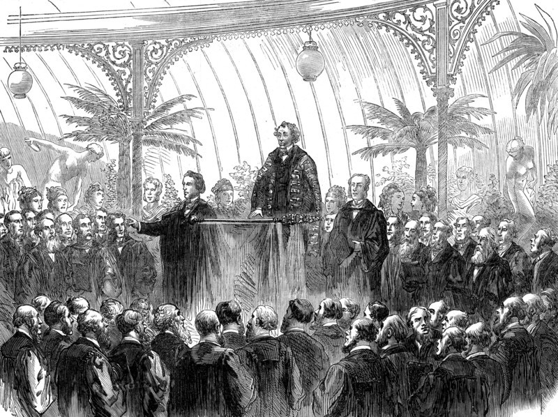 Mr. Disraeli delivering his installation address as Lord Rector of Glasgow University, 1873. Creator: Unknown.