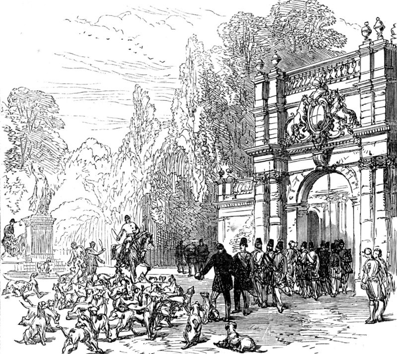 At Trentham: inspecting a pack of English foxhounds, 1873. Creator: Unknown.