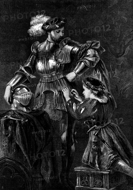 A Knight Arming, by Sir John Gilbert; Exhibition of the Society of Painters in Water Colours, 1873 Creator: Unknown.