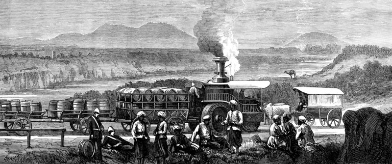 Indian Frontier Sketches: traction-engine on the Grand Trunk Road, near Lawrencepore, 1873. Creator: Unknown.