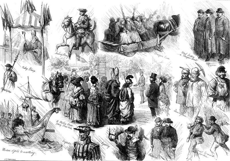 Opening of the new townhall at Bradford: sketches in the streets, 1873. Creator: Charles Joseph Staniland.