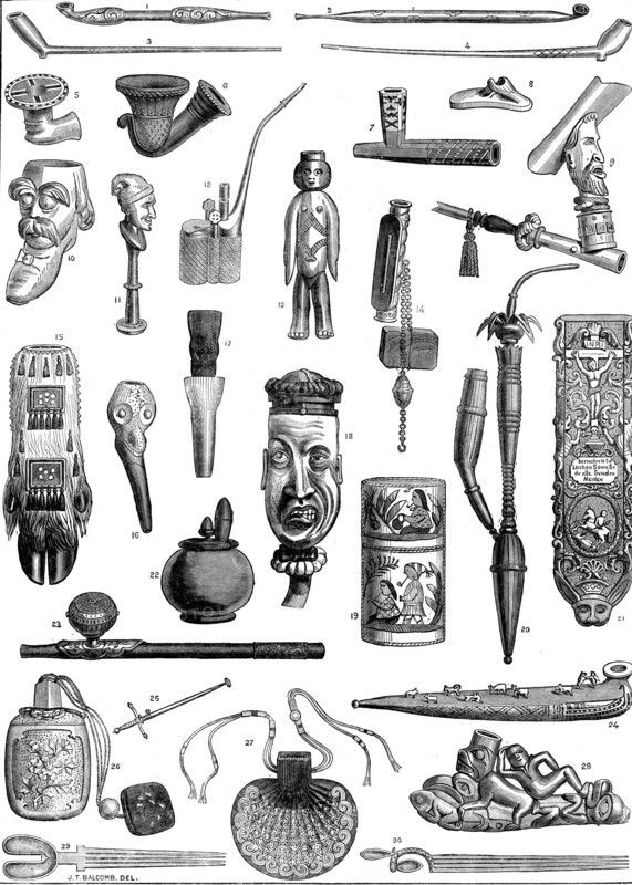 Ancient and curious tobacco-pipes, from the International Exhibition, 1873. Creator: Unknown.
