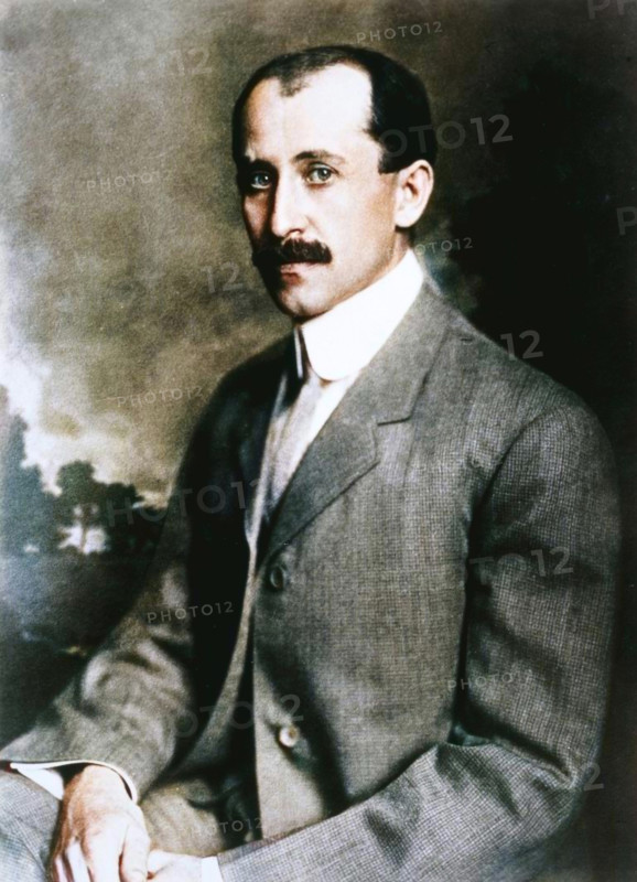 Orville Wright (1871-1948), American aeronautical pioneer, younger of the Wright brothers. (Colorised black and white print).