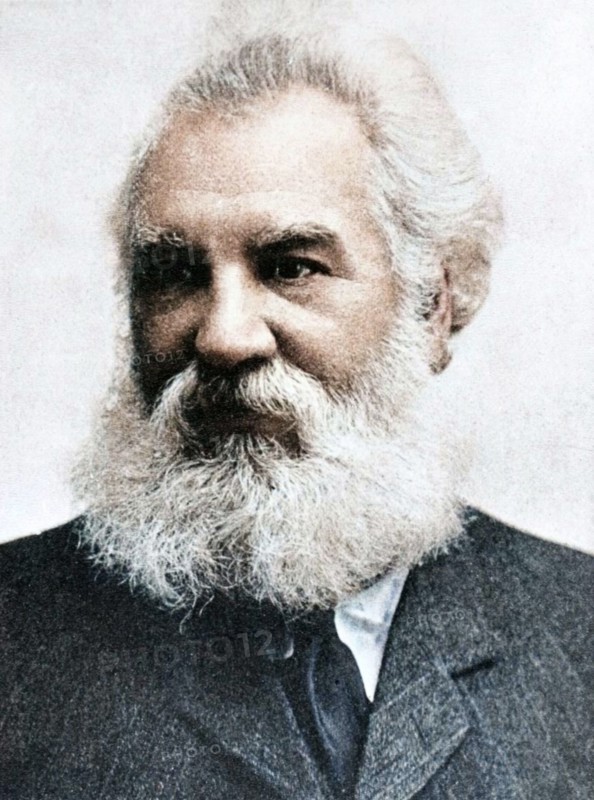 Alexander Graham Bell (1847-1922), Scottish-born American inventor who patented the telephone in 1876. (Colorised black and white print).
