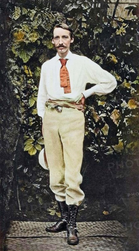 Robert Louis Stevenson, in Samoa, c1890. Stevenson (1850-1894) Scottish author and poet. In search of health, in 1889 he settled with his family at Vailima in Samoa. (Colorised black and white print).